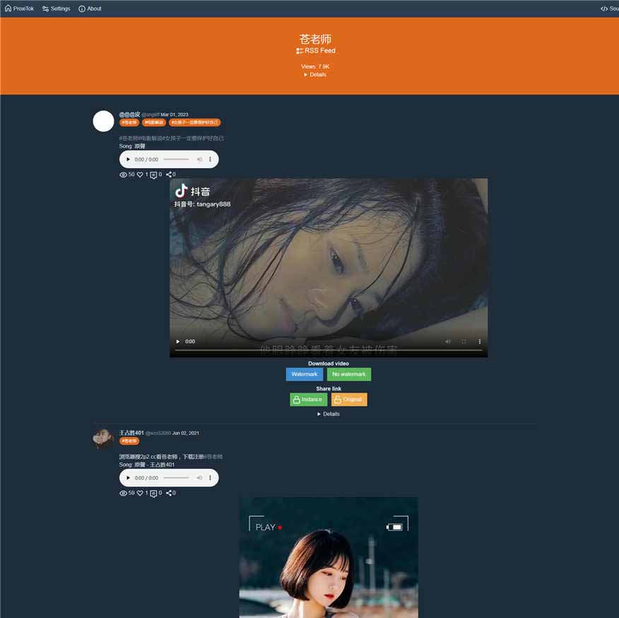 ProxiTok抖音国际版TikTok搜索解析下载源码 ProxiTok抖音国际版TikTok搜索解析下载源码